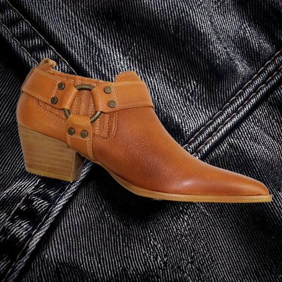 dingo Shoes - Dingo Kick Back Leather Harness Detail Cognac  Ankle Bootie, Size 6.5